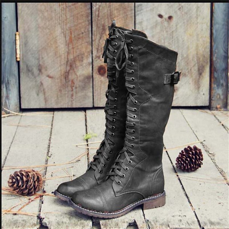 Damen Reitstiefel Hohe Schnürstiefel Schwarz
