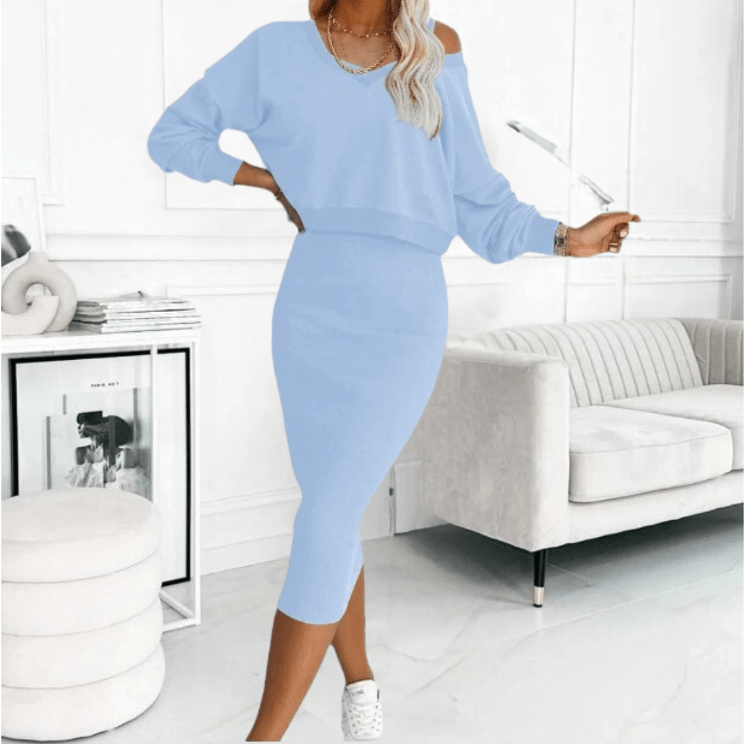 Damen Freizeit Set Strickpullover Midikleid Bequem