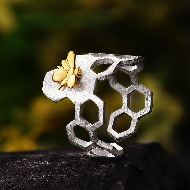 18K Vergoldeter Waben Ring Offen Kleine Bienen Schmuck