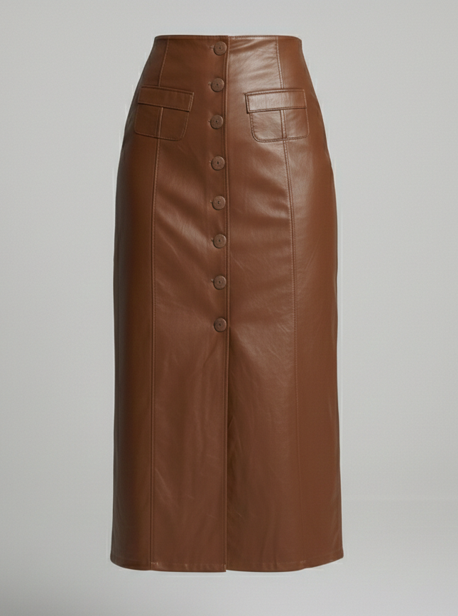 Lederrock Damen Lang Knopfleiste Schwarz Elegent