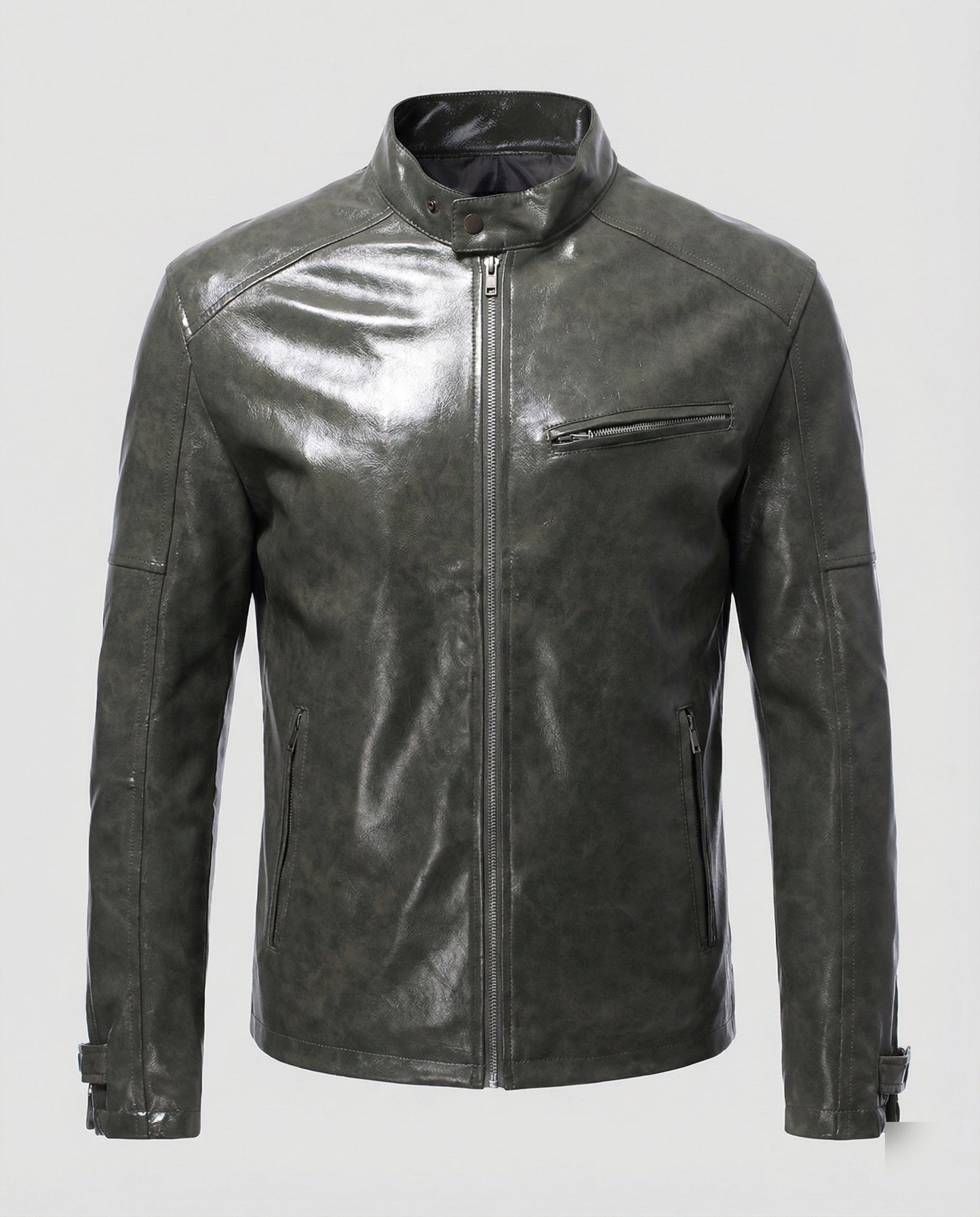 Herren Lederjacke Elegante Reißverschluss Schwarz Ledermantel