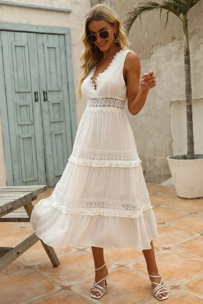 Boho Kleid Damen Lang Glamour Spitze