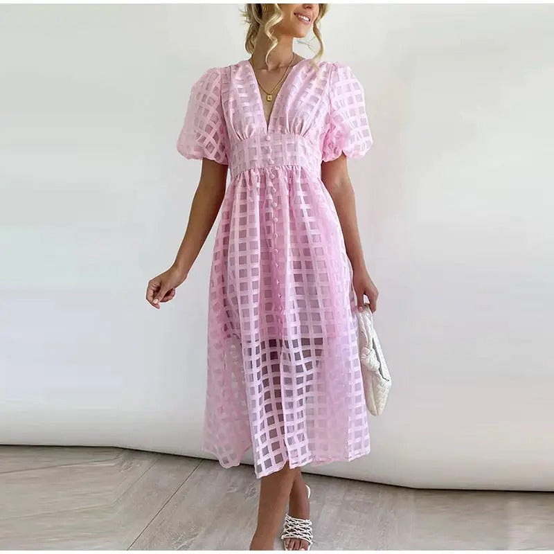 Sommerkleid Midi Karomuster Luftig mit V-Ausschnitt