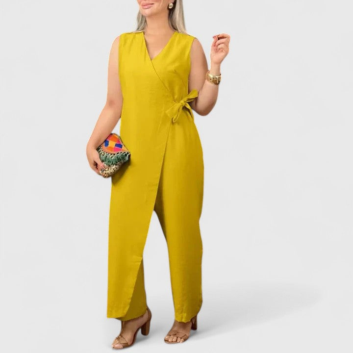 Damen Jumpsuit Ärmellos Wickeloptik mit Gürtel