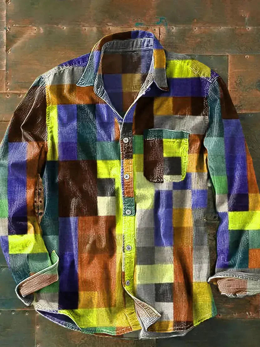 Herren Hemd Langarm mit Patchwork-Design Lässig