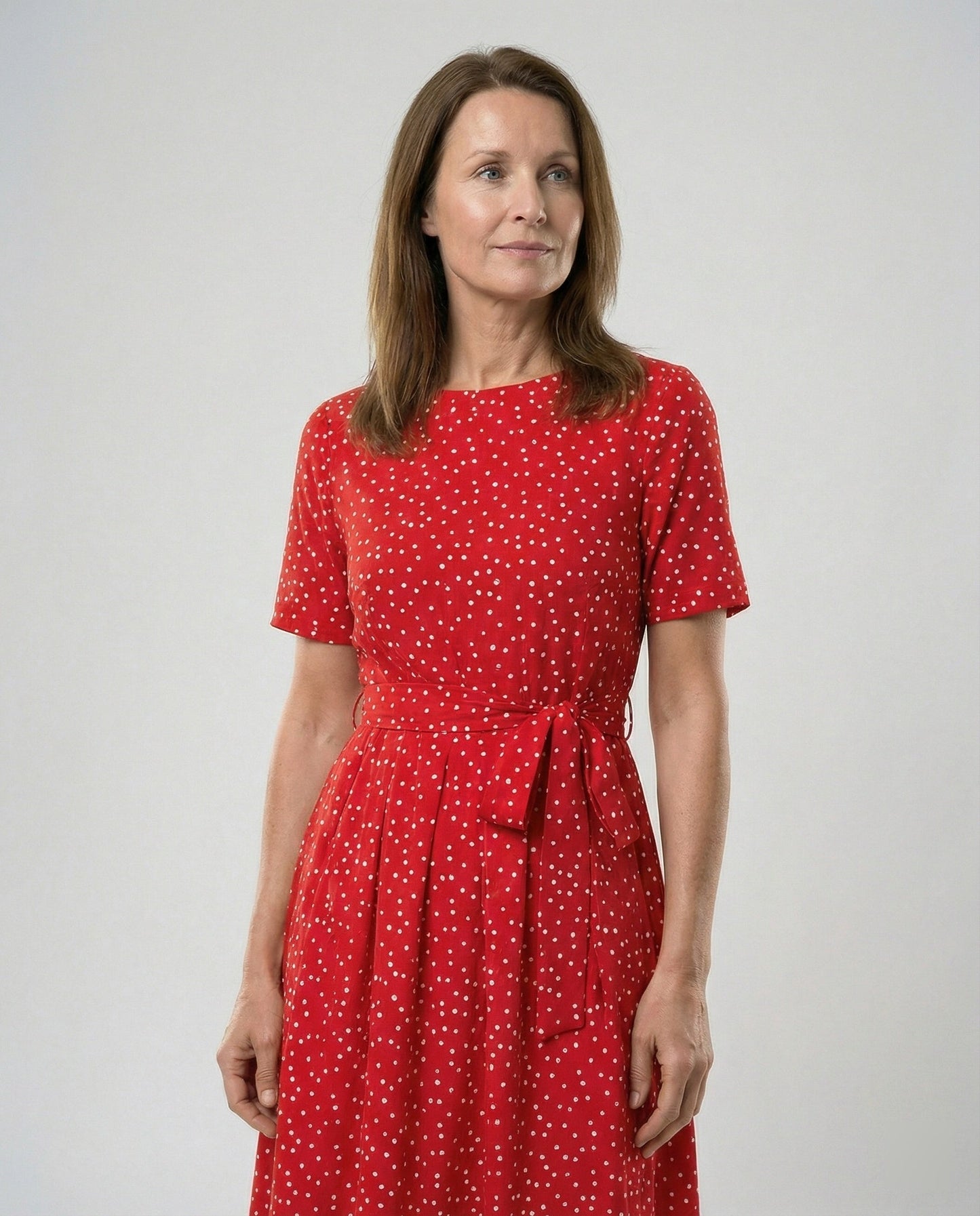 Damen Midi-Kleid Punkte Taillengürtel Elegant