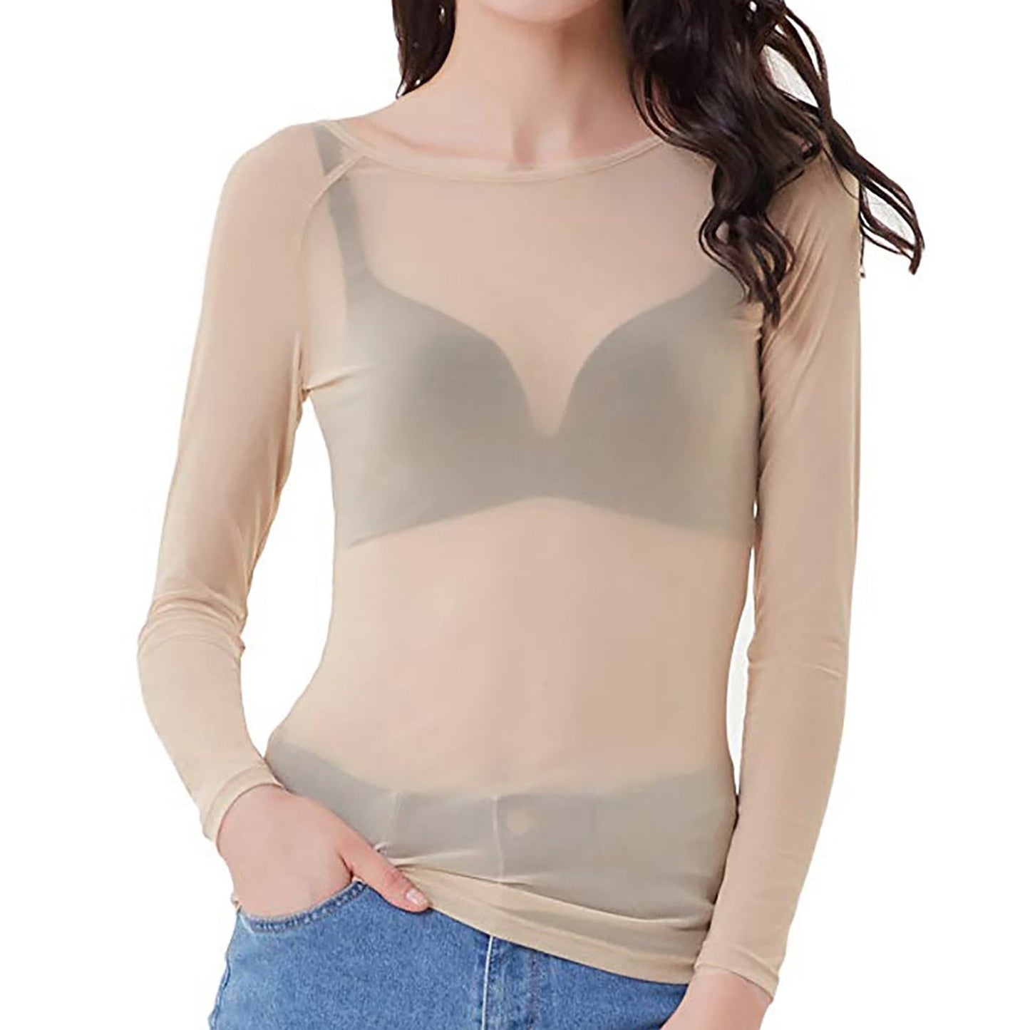 Damen Langarmtop Durchsichtig Mesh Oberbekleidung