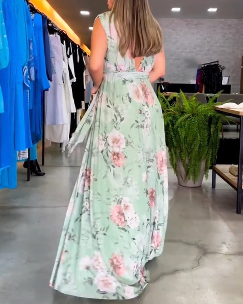 Elegantes Sommerkleid V-Ausschnitt Blumenprint