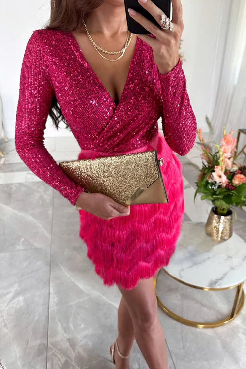 Glitzerndes Partykleid V-Ausschnitt Elegant Damenkleid