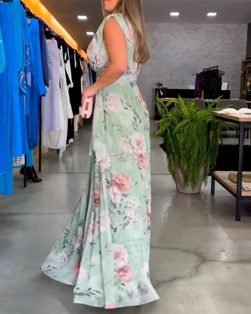 Elegantes Sommerkleid V-Ausschnitt Blumenprint