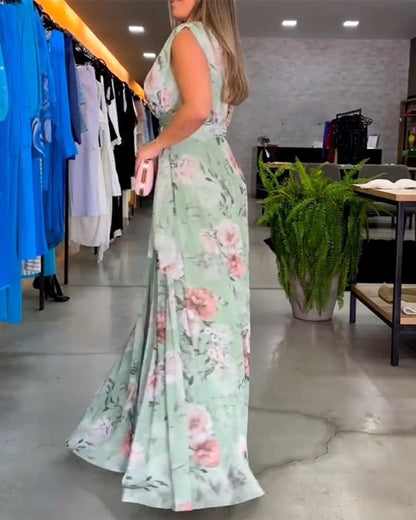 Elegantes Sommerkleid V-Ausschnitt Blumenprint