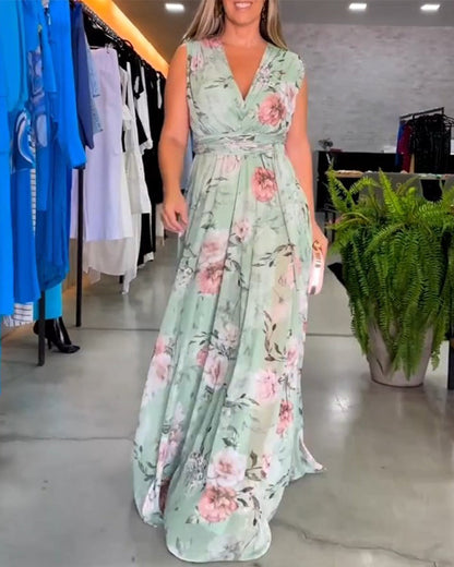 Elegantes Sommerkleid V-Ausschnitt Blumenprint