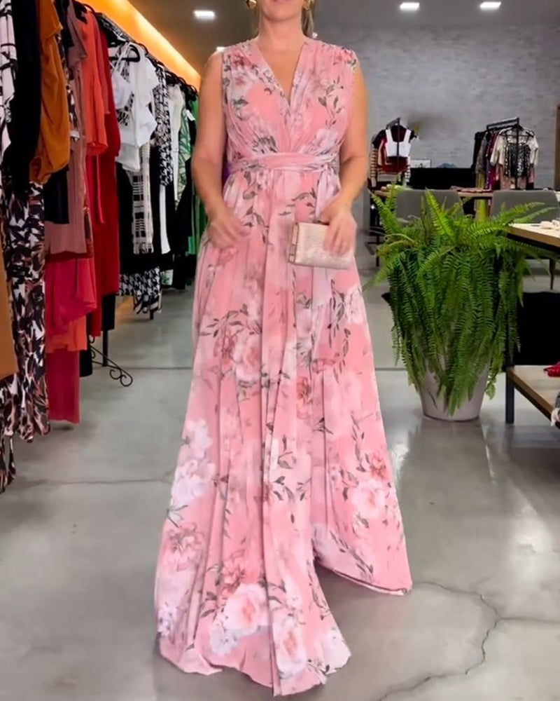 Elegantes Sommerkleid V-Ausschnitt Blumenprint