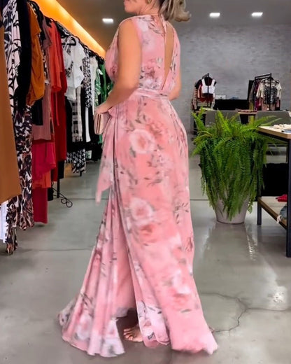 Elegantes Sommerkleid V-Ausschnitt Blumenprint