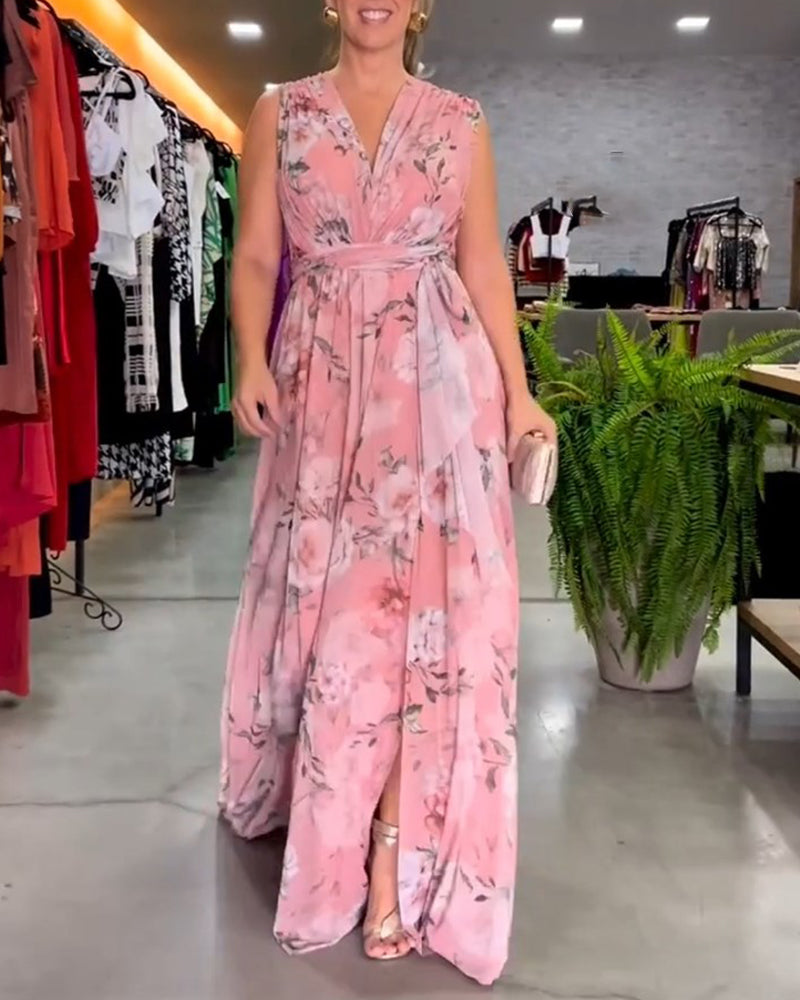 Elegantes Sommerkleid V-Ausschnitt Blumenprint