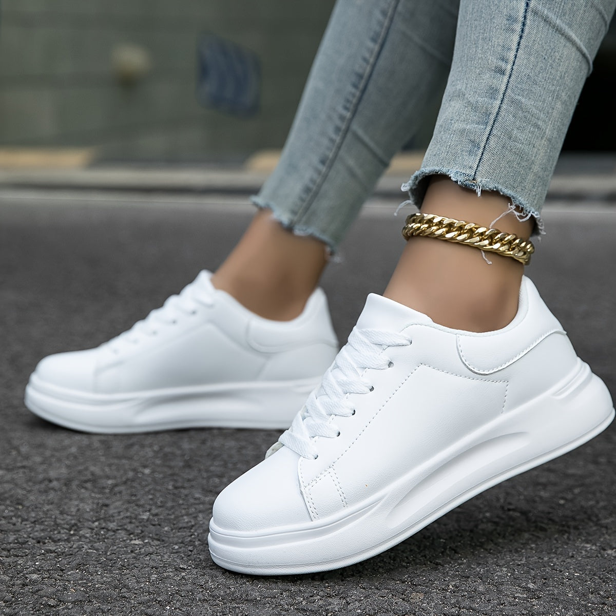 Damen Sneaker Weiß Glatt Schnürsenkel - BerlinGlamour
