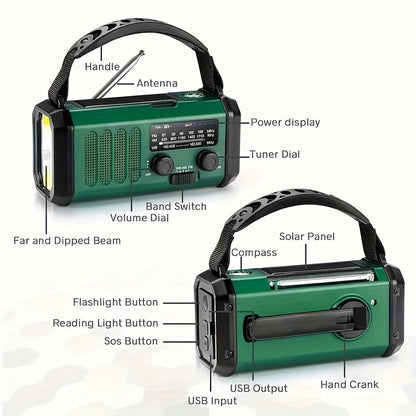 Notfallradio Powerbank Solarladbar mit LED-Licht und Kompass