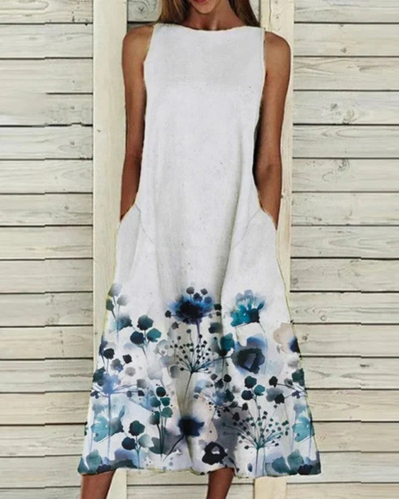 Sommerkleid Damen Blumen Midi Kleid Rundhals Ärmellos - BerlinGlamour