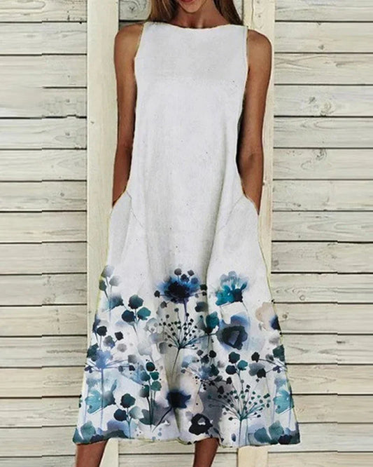 Sommerkleid Damen Blumen Midi Kleid Rundhals Ärmellos - BerlinGlamour