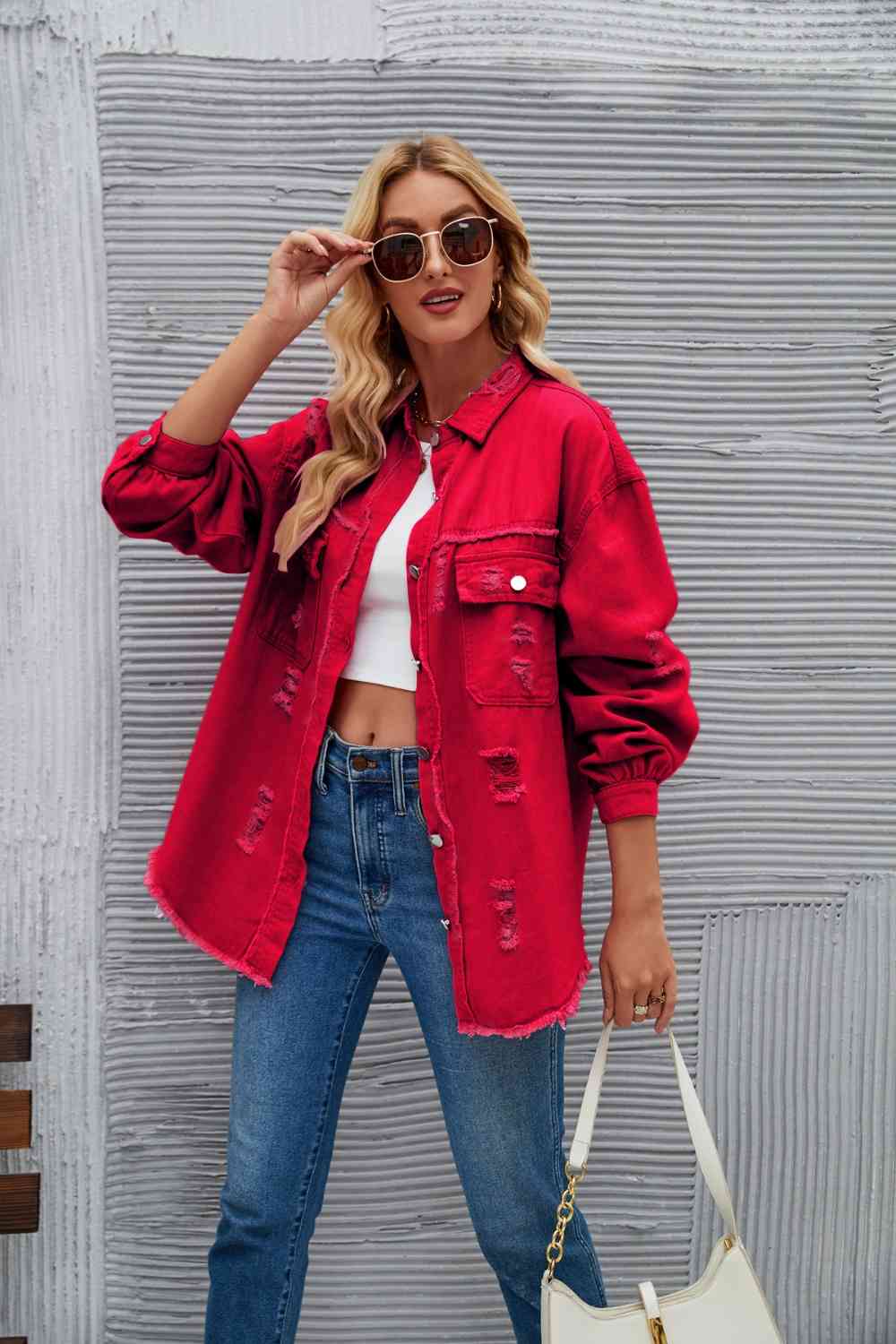 Rohsaum Denimjacke Zerrissen Trendig Frauenjacke
