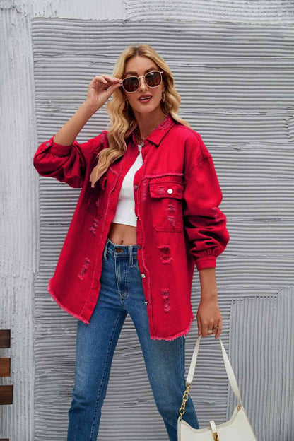 Rohsaum Denimjacke Zerrissen Trendig Frauenjacke