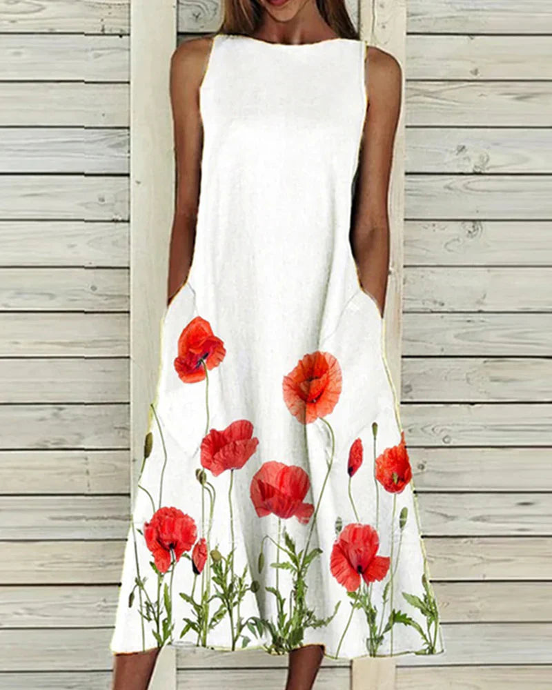Sommerkleid Damen Blumen Midi Kleid Rundhals Ärmellos