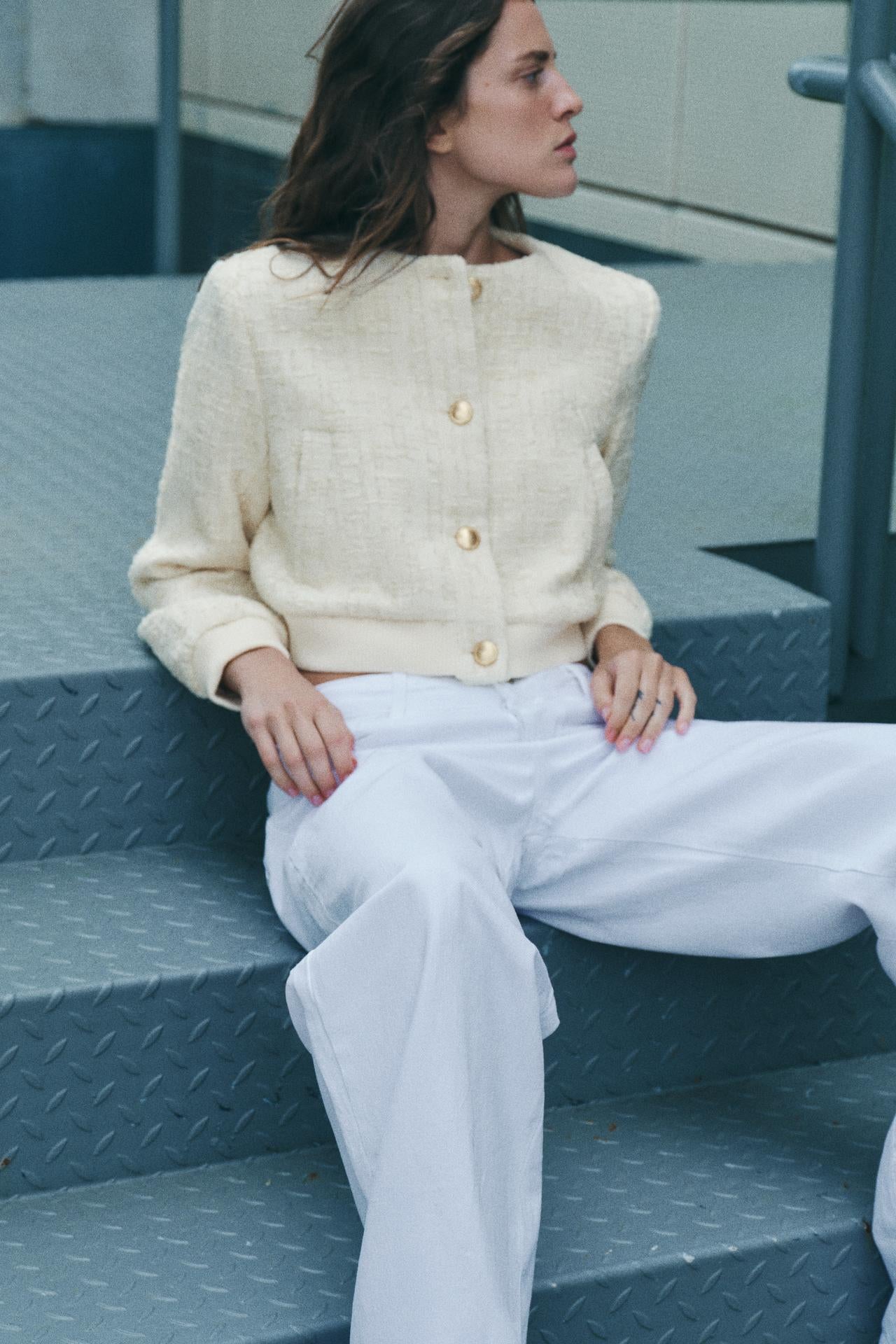 Bouclé-Jacke Kurz mitGoldknöpfen Damen