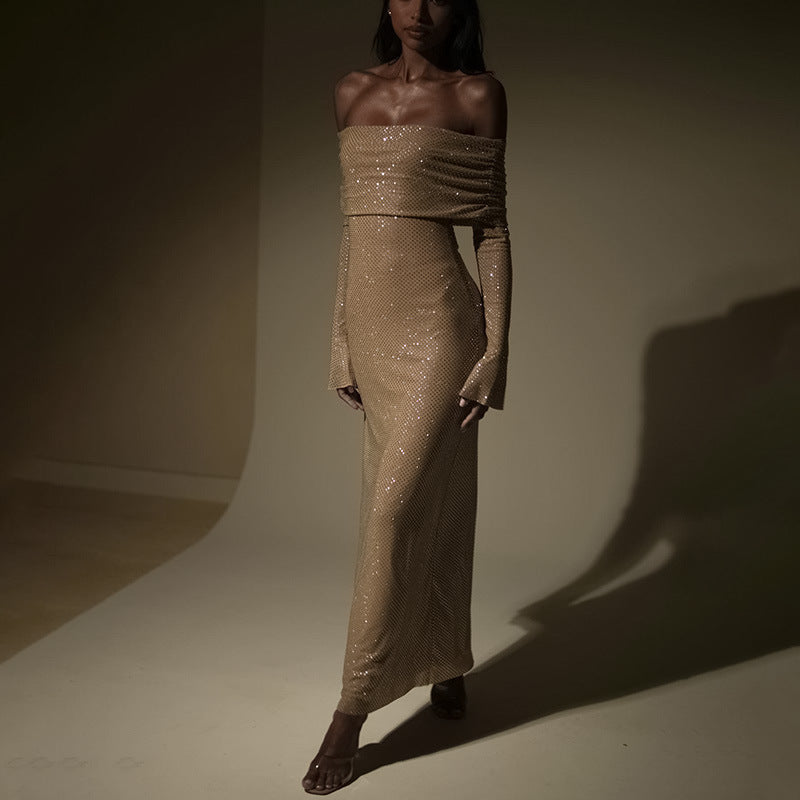 Glitzerndes Abendkleid Off-Shoulder Maxi Damenkleid
