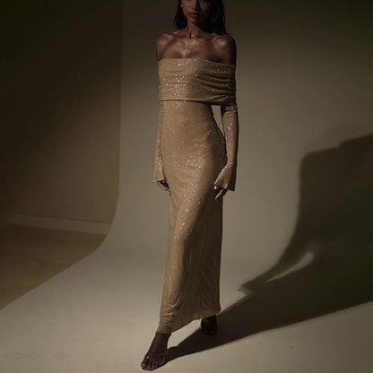 Glitzerndes Abendkleid Off-Shoulder Maxi Damenkleid