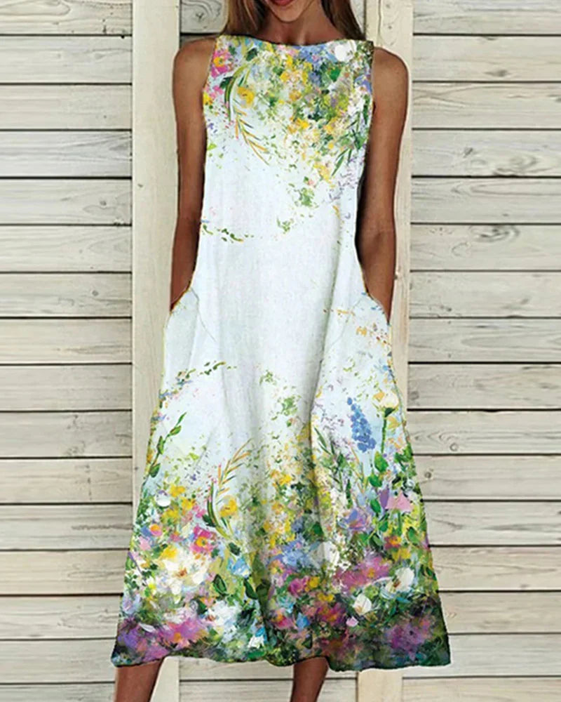 Sommerkleid Damen Blumen Midi Kleid Rundhals Ärmellos