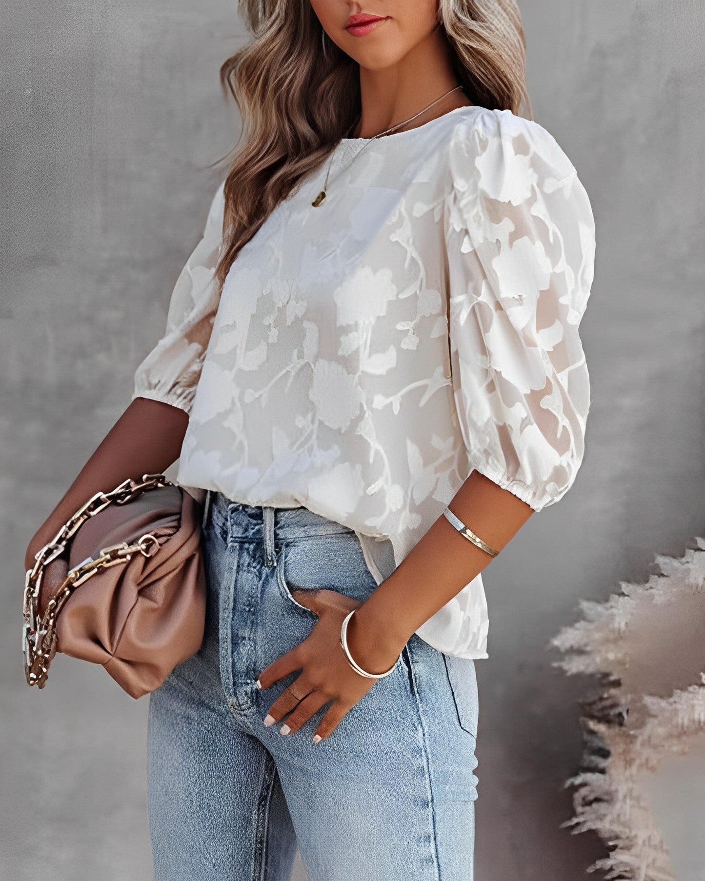 Chiffon Bluse Puffärmel Damen Elegant