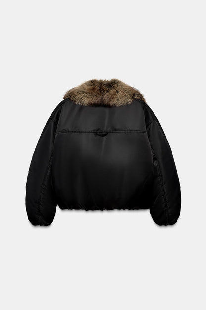 Kurze Bomberjacke Kunstfellkragen Damen