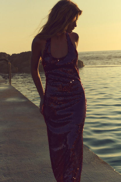 MidnightGlam Maxi Kleid Pailletten Bordeaux Talaine
