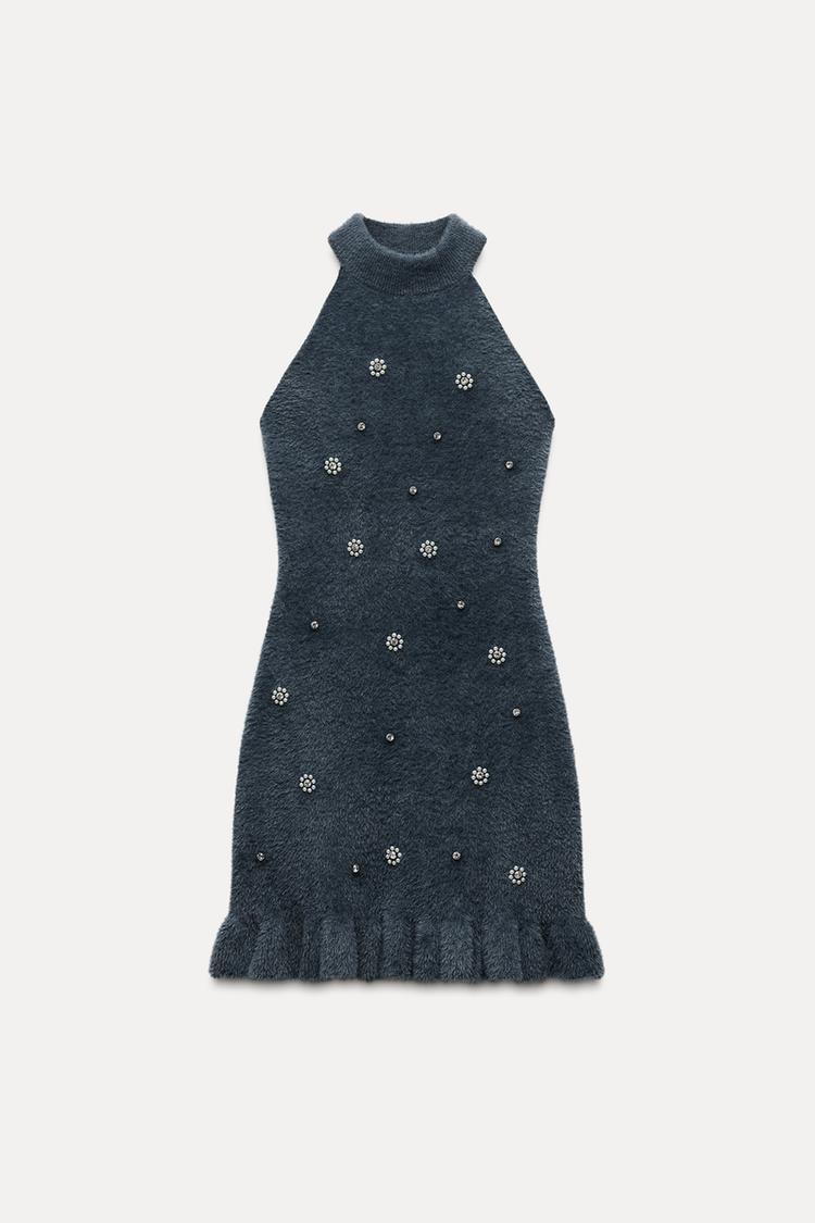 Strick-Kleid Damen Minikleid mit Perlen und Rüschen - BerlinGlamour