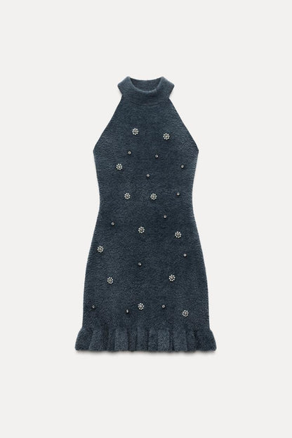 Strick-Kleid Damen Minikleid mit Perlen und Rüschen - BerlinGlamour