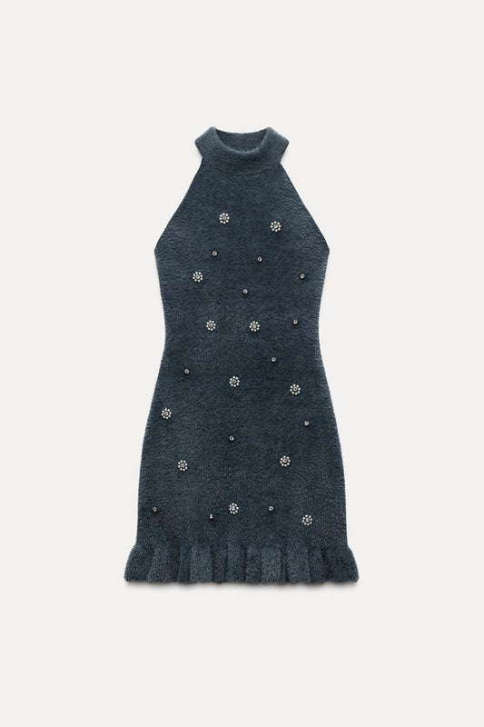 Strick-Kleid Damen Minikleid mit Perlen und Rüschen - BerlinGlamour