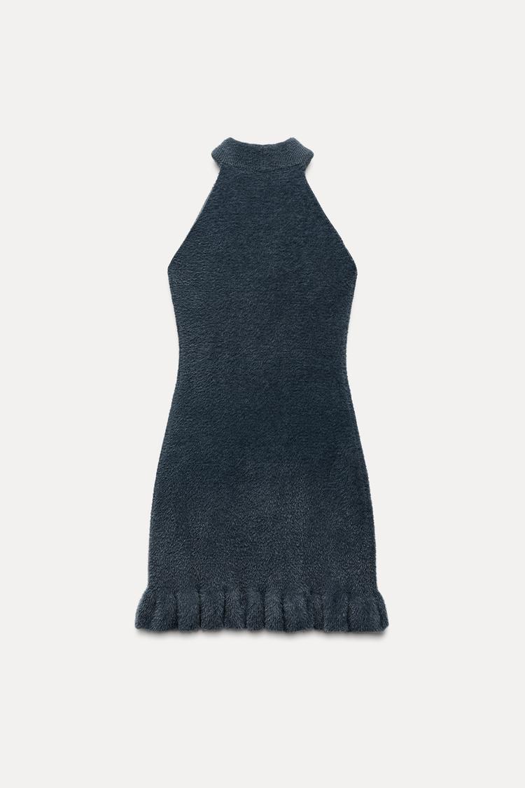 Strick-Kleid Damen Minikleid mit Perlen und Rüschen