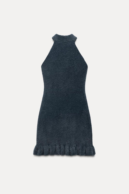 Strick-Kleid Damen Minikleid mit Perlen und Rüschen
