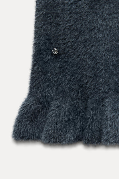 Strick-Kleid Damen Minikleid mit Perlen und Rüschen