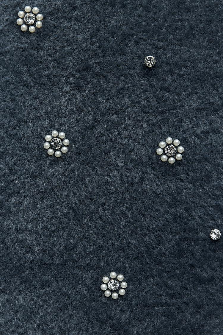 Strick-Kleid Damen Minikleid mit Perlen und Rüschen