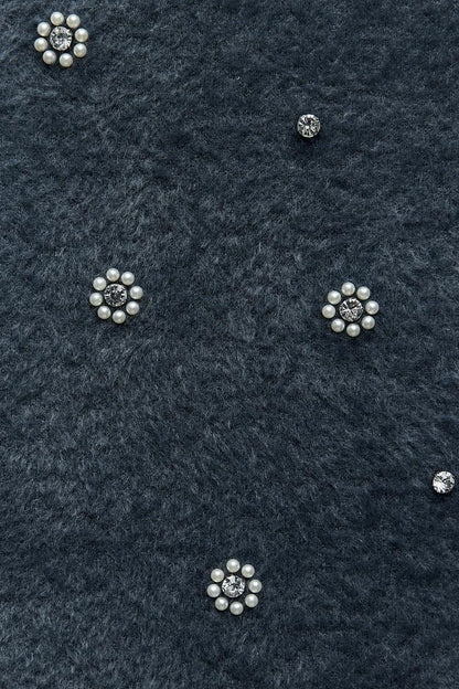 Strick-Kleid Damen Minikleid mit Perlen und Rüschen