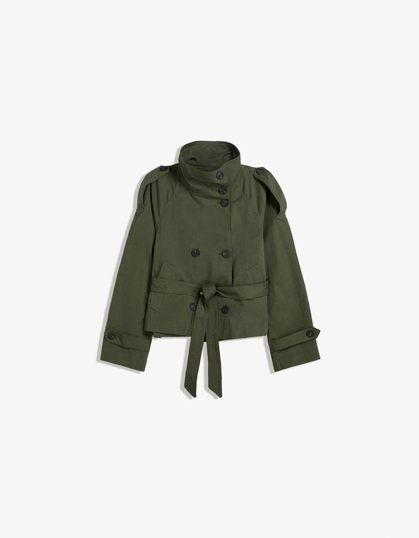 Kurzer Trenchcoat Damen Kragen Bindegürtel Elegant