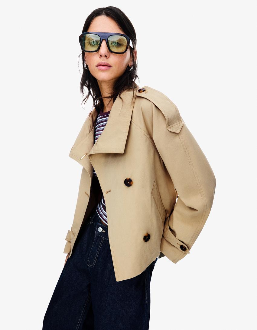 Kurzer Trenchcoat Damen Kragen Bindegürtel Elegant - BerlinGlamour