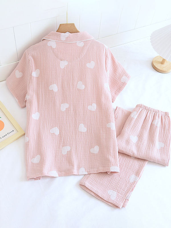 Damen Pyjama-Set Herzmuster Knopfleiste Weich