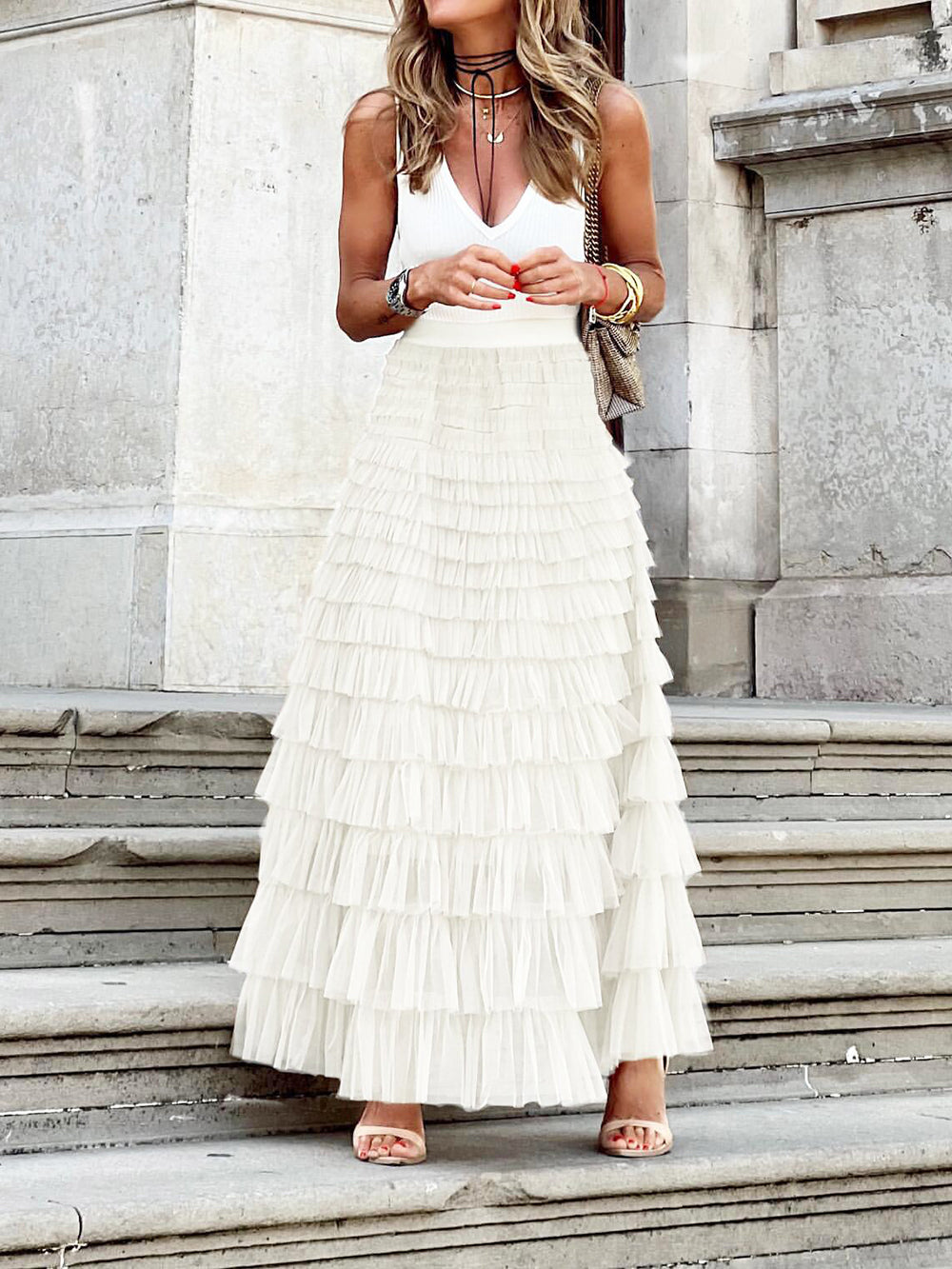 Beige Lagenlook Acetate Dress: Epona