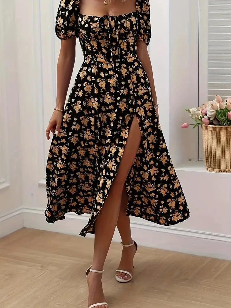Schickes A-Linien-Kleid mit Puffärmeln Blumendruck Damenkleid