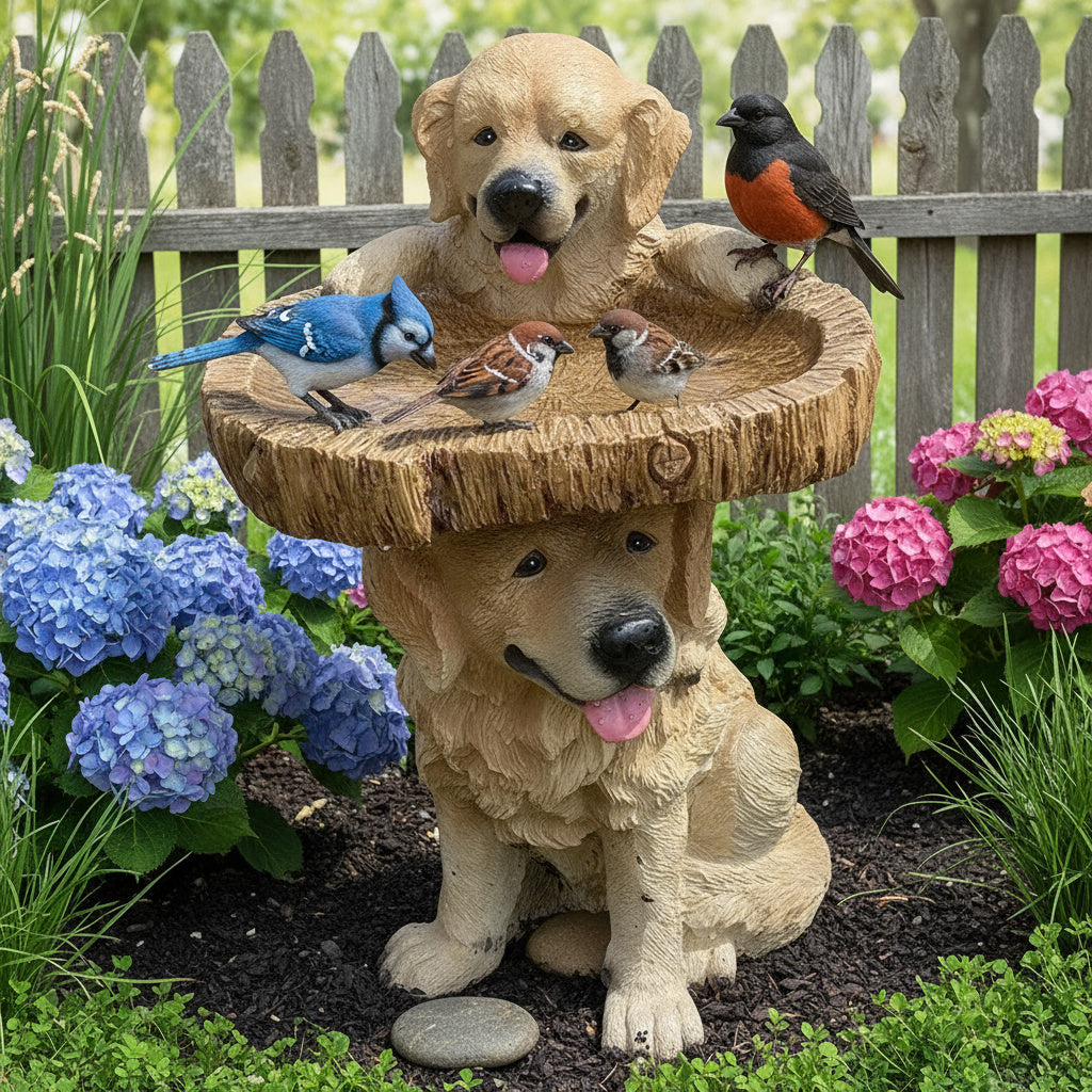 Gartenstatue Welpen Golden Retriever Dekor Vogelbad - BerlinGlamour