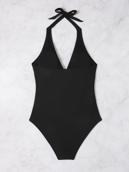 Badeanzug Neckholder V-Ausschnitt Aufdruck Damen