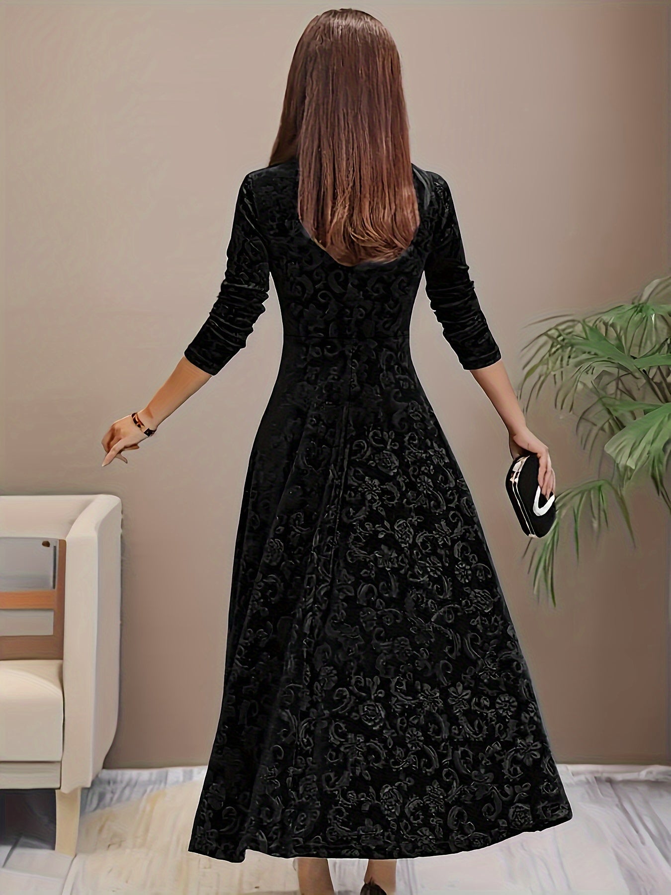Elegantes Damen-Kleid Floral Samt Abendkleid