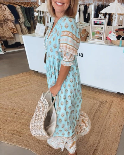 Damen Midi-Kleid Bedruckt V-Ausschnitt Sommerkleid